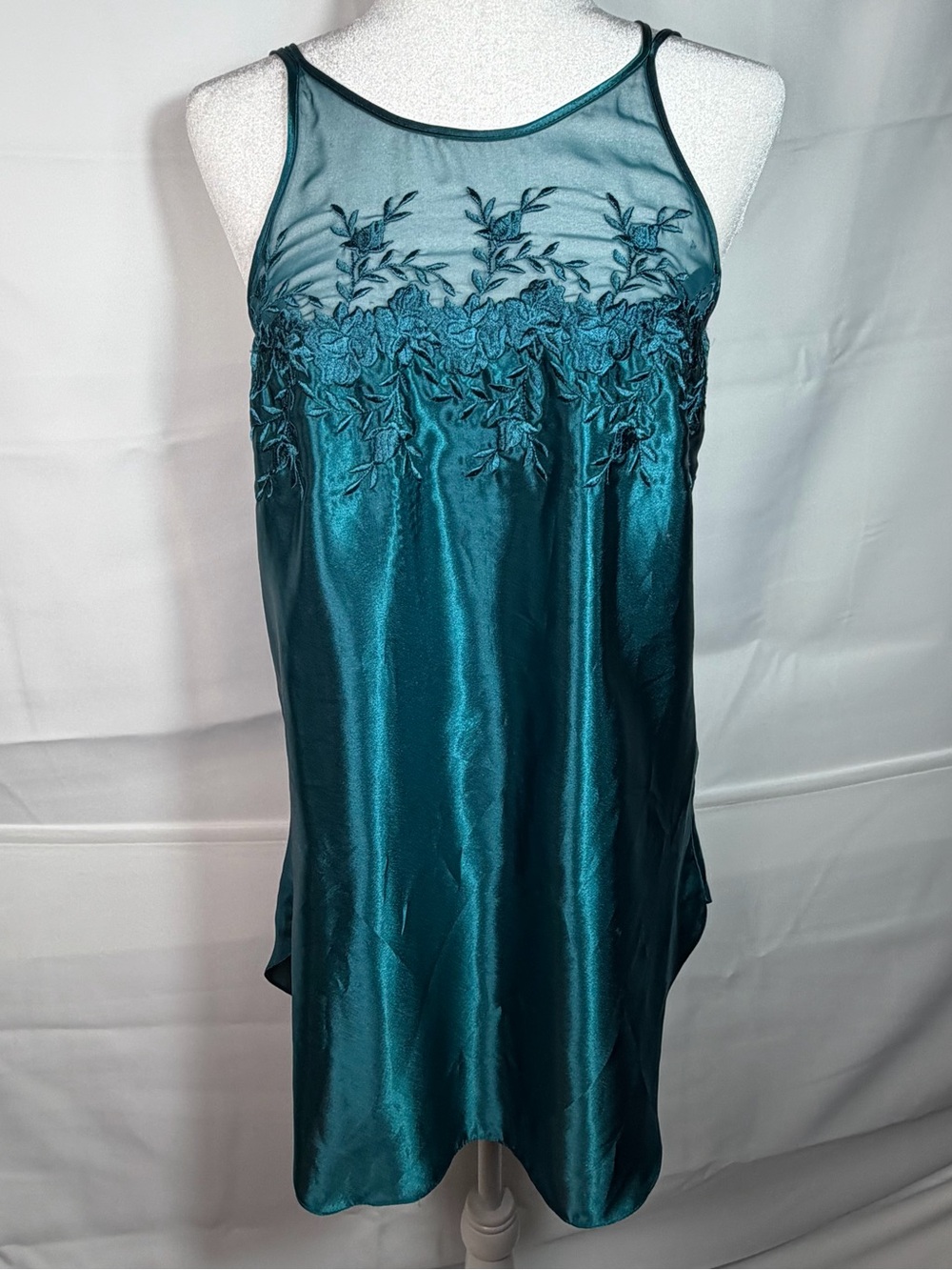 Vintage Dentelle Nightgown Emerald Green Satin Lace Chemise Slip Dress Small